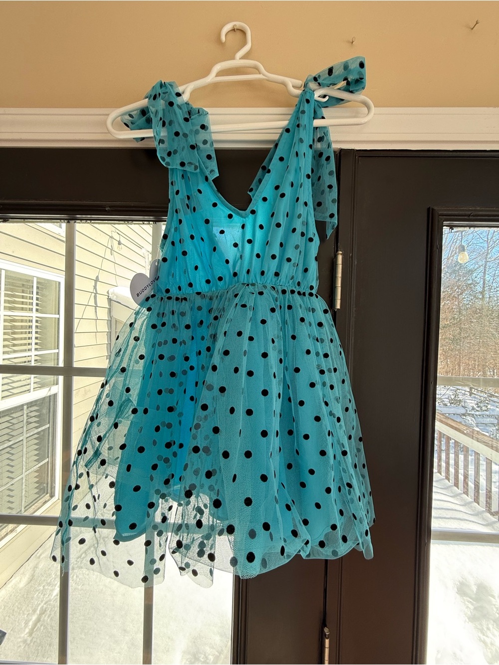 Teal Blue Polka Dot Tulle Party Dress with Black Dots - Picture 8 of 8